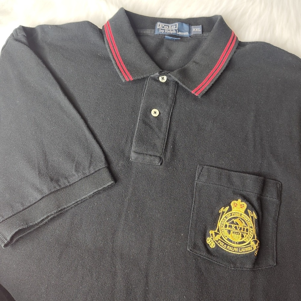 Polo Ralph Lauren Polo Shirt Men XXL Black Crest Pocket Tipped Collar Pique